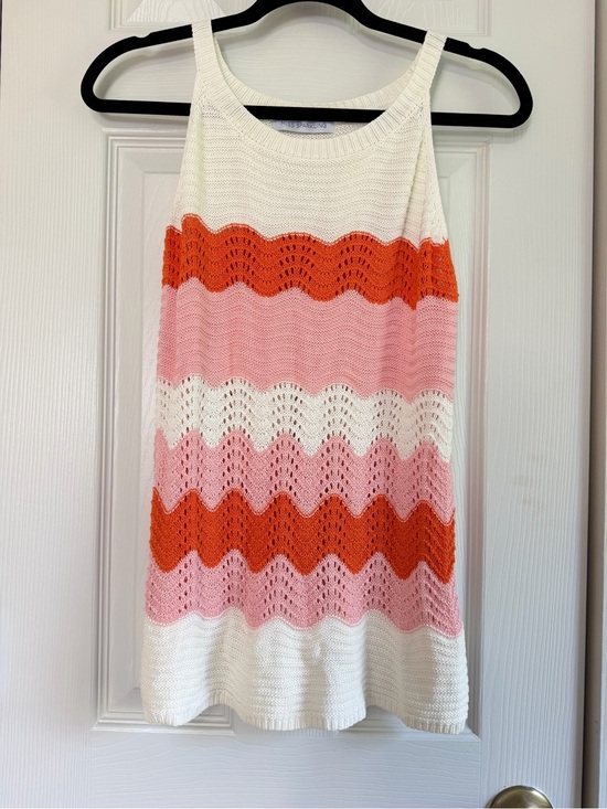 Miss Sparkling Sweaters - Miss Sparkling Crochet Knit Tank Top L Ivory Pink Coral Chevron Sleeveless Sweat